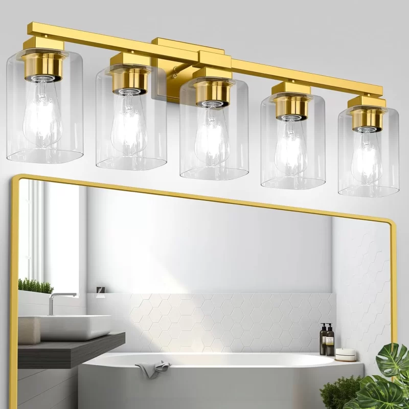 B31003PB 5-Light Bathroom Light Fixtures, Gold Bathroom Vanity Light, Bathroom Lighting Fixtures Over Mirror, Gold Bathroom Wall Lamp, Wall Lights for Living Room Bedroom Hallway - Image 4