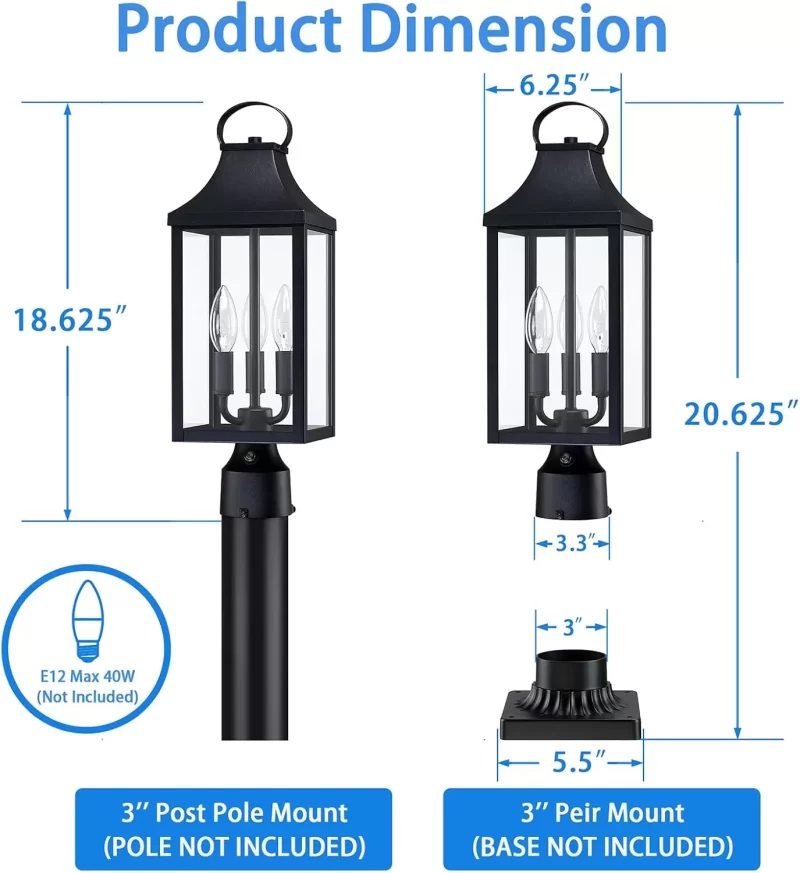 PL104A Z06091FPP 18.62'' Dusk to Dawn Post Light Outdoor, Large 3-Light Lamp Post Light Fixture, Modern Pillar Outside Lighting Waterproof Post Lantern Lamp Outdoor Post Light Fixtures Pole Lights for Porch - Image 3