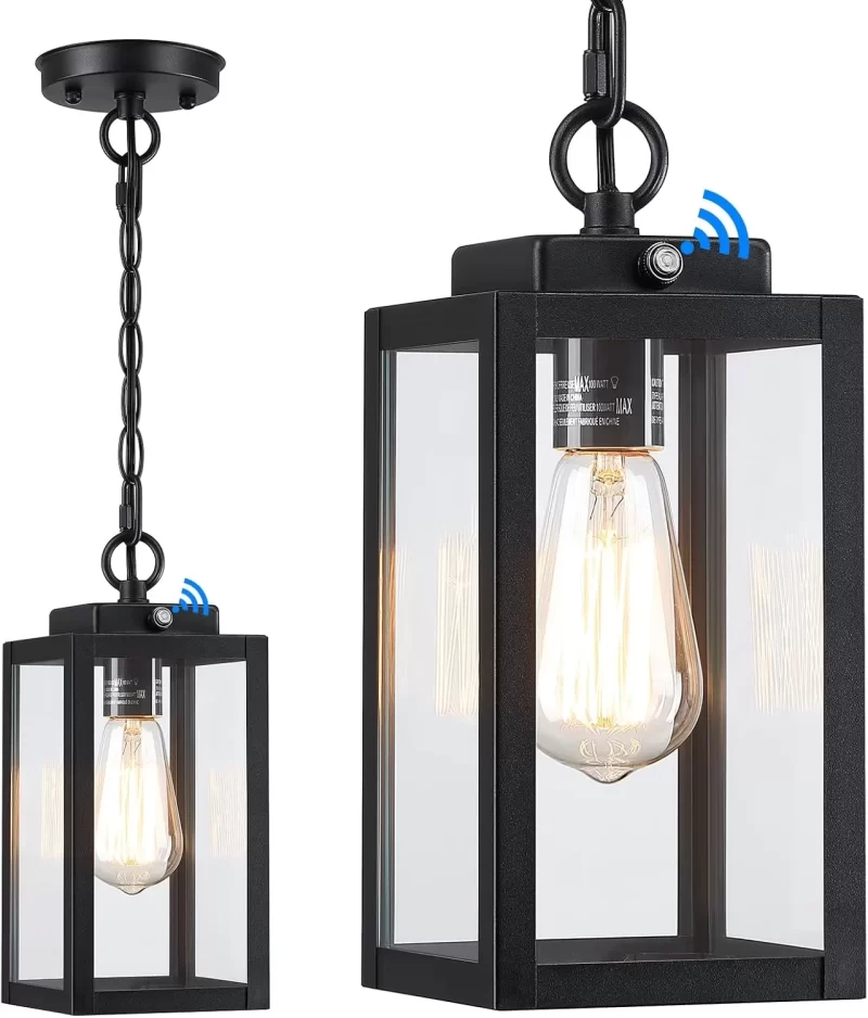 CL207A D05068PP Outdoor Pendant Light, 11'' Dusk to Dawn Modern Outside Chandelier Outdoor Hanging Lantern Light, Matte Black with Clear Glass, Exterior Pendant Lighting Fixture for Porch, Yard, Gazebo