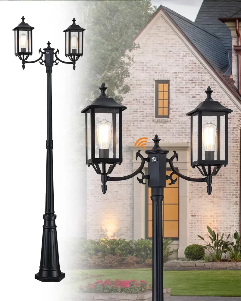 PL201A Z22001PP Dusk to Dawn Outdoor Lamp Post Light, Outdoor Post Light 2-Head Aluminum Street Light Post for Outside with Sensor, Waterproof Birdcage Pole Lighting Fixture for Backyard Garden Patio Driveway