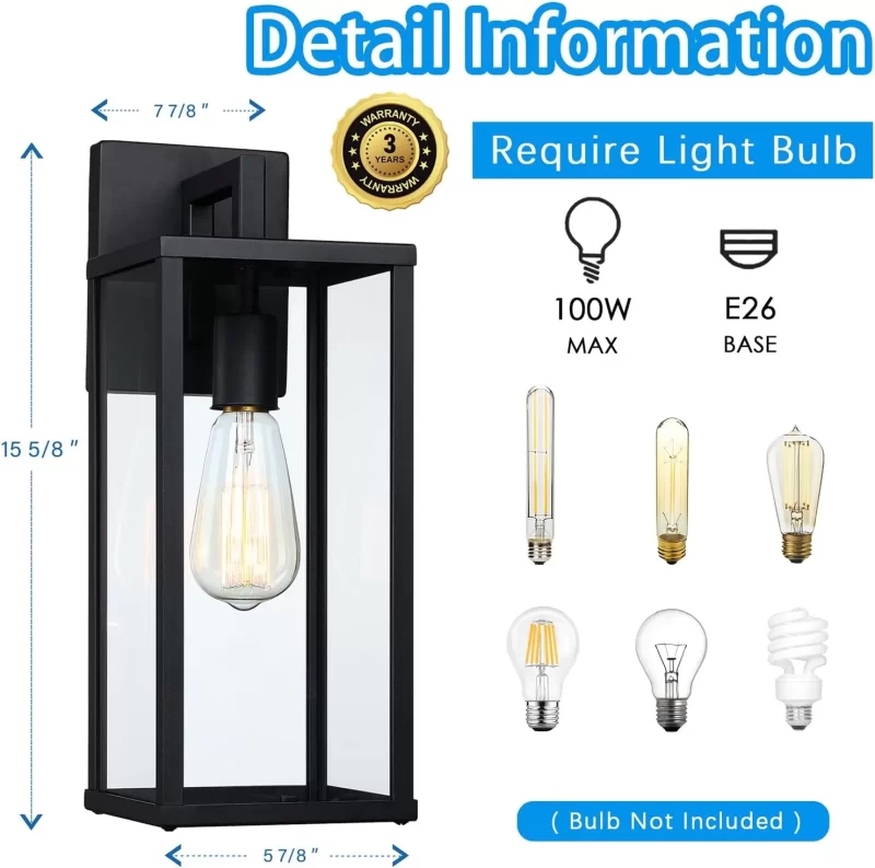 B05041P Outdoor Wall Lantern, 15" Large Exterior Waterproof Wall Sconce Light Fixture, Anti-Rust Black Porch Lights Mount Lighting for Outside, Patio,Front Back House, Garage, Entryway - Image 3