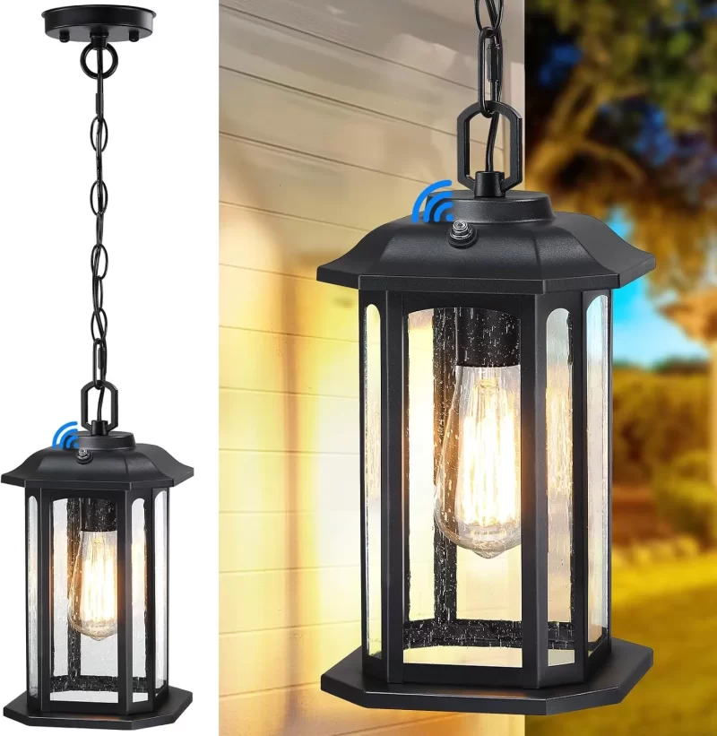 CL208A D07053PP 13.4'' Dusk to Dawn Outdoor Pendant Lights for Porch, Black Hanging Porch Light with Seeded Glass, Waterproof Outdoor Chandelier Farmhouse Ceiling Light Fixture Lanterns