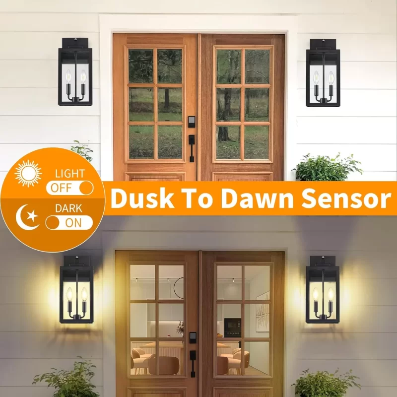 WL302A B07043BPP 15.4" Dusk to Dawn Black Outdoor Wall Lantern 2-Light, Outside Modern Wall Sconce Light Fixture, Industrial Porch Light Wall Mount with E12 Sockets, Waterproof Exterior Lamp Lighting - Image 4
