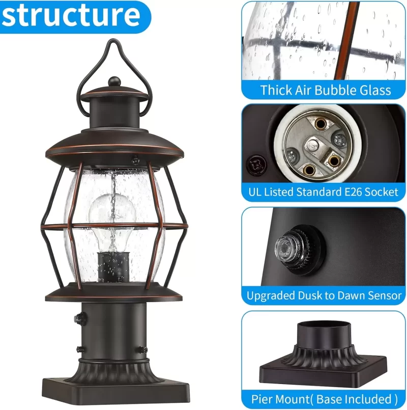 Z06066PP Dusk to Dawn Outdoor Post Lights with Pier Mount Base,Waterproof Lamp Post Light Fixture Hardwired 120V,Oil Rubbed Bronze Post Lantern Lighting for Driveway, Yard, Pathway, Garden, Patio - Image 3