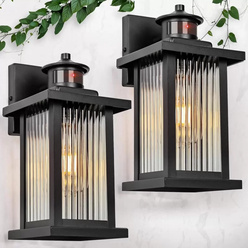 B06116PG Porch Lights Outdoor Motion Sensor 2 Packs, Black Dawn to Dusk Outdoor Wall Light Fixture, Exterior Motion Sensor Light with Glass Shade, Rust Proof Motion Sensing Front Porch Light