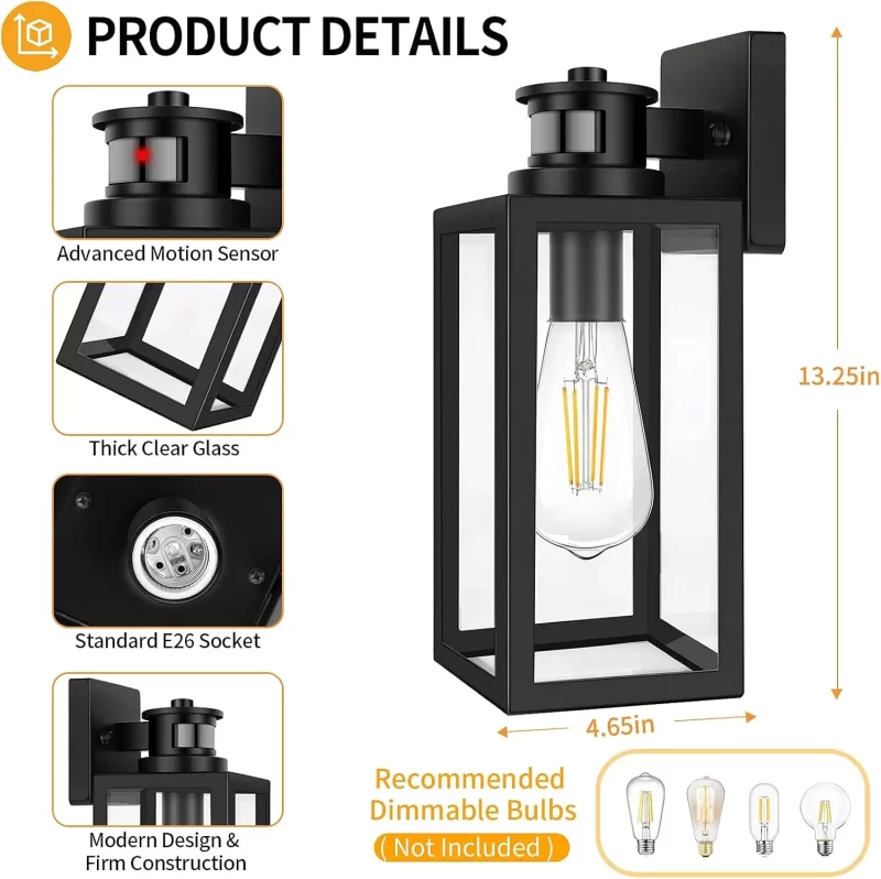 B05023CPG 2-Pack Motion Sensor Outdoor Wall Lantern, Dusk to Dawn Exterior Light Fixtures Wall Mount, White Outside Light for House, Waterproof Outside Lantern Sconces, Anti-Rust Porch Lighting with Clear Glass - Image 2