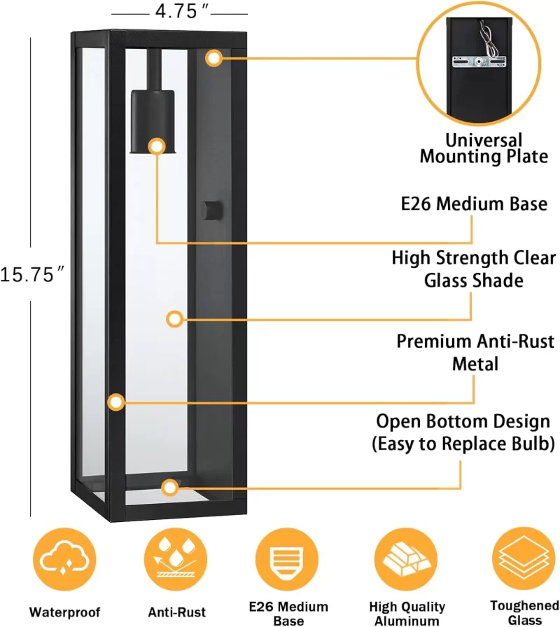 WL103B B04025CPLarge Outdoor Exterior Wall Lights for House 2-Pack, 15.8'' Waterproof Matte Black Front Porch Lights, Rectangular Outdoor Wall Sconce Lantern for Patio Entryway Garage, Bulb Not Included - Image 2