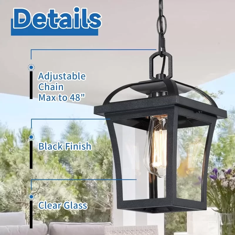 D06100P Outdoor Pendant Lights for Porch, Farmhouse Exterior Hanging Lights Fixture with Adjustable Chain,Modern Black Outdoor Chandelier Lantern with Clear Glass for Front Porch, Yard, Gazebo - Image 3