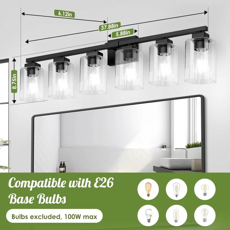 B38002PB 6-Light Bathroom Light Fixtures, Modern Black Bathroom Vanity Light, Bathroom Lighting Fixtures Over Mirror, Matte Black Bathroom Wall Lamp, Wall Lights for Living Room Bedroom Hallway - Image 2