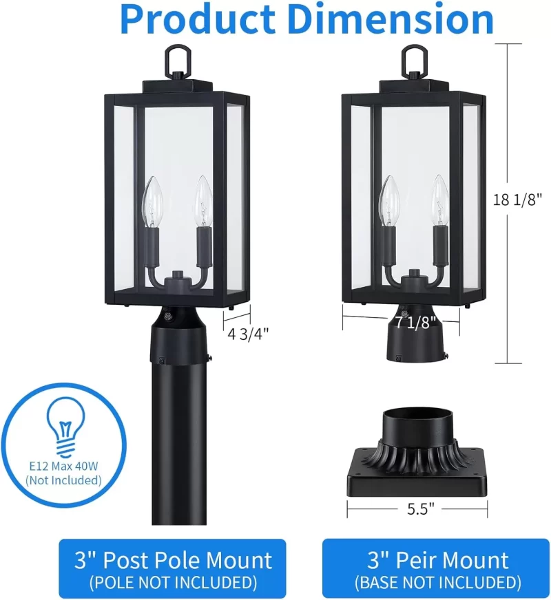 PL103A Z07043BPPDusk to Dawn Outdoor Post Light, 18'' Lamp Post Light Fixture 2-Light, Waterproof Modern Outside Post Lantern Column Lights, Exterior Pole Lighting Pillar Lantern, 1 Pack (Not Include Mounting Base) - Image 6