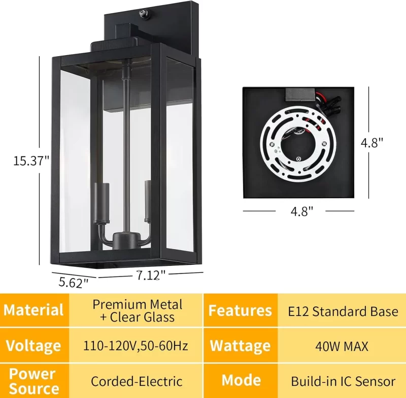 WL302A B07043BPP 15.4" Dusk to Dawn Black Outdoor Wall Lantern 2-Light, Outside Modern Wall Sconce Light Fixture, Industrial Porch Light Wall Mount with E12 Sockets, Waterproof Exterior Lamp Lighting - Image 2