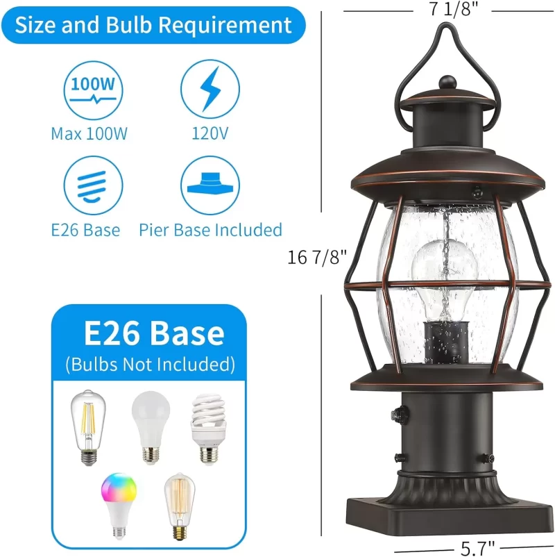 Z06066PP Dusk to Dawn Outdoor Post Lights with Pier Mount Base,Waterproof Lamp Post Light Fixture Hardwired 120V,Oil Rubbed Bronze Post Lantern Lighting for Driveway, Yard, Pathway, Garden, Patio - Image 4