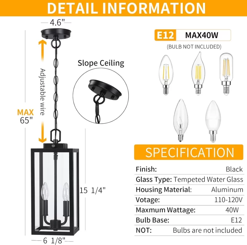 CL203A D06112PP Large Outdoor Pendant Light 2-Light, 15'' Dusk to Dawn Modern Black Metal Outside Chandelier Exterior Hanging Fixture Ceiling Mount with Clear Glass for Front Porch Entrance Foyer Entryway - Image 2