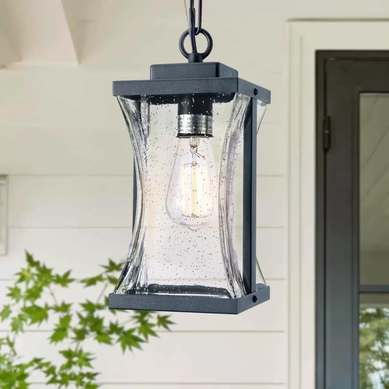 D05042P Outdoor Pendant Lights Fixture for Porch, Farmhouse Exterior Hanging Lantern with Adjustable Chain and Air Bubble Glass for Foyer Doorway Front Door Patio Entryway