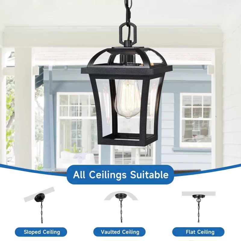 D06100P Outdoor Pendant Lights for Porch, Farmhouse Exterior Hanging Lights Fixture with Adjustable Chain,Modern Black Outdoor Chandelier Lantern with Clear Glass for Front Porch, Yard, Gazebo - Image 2