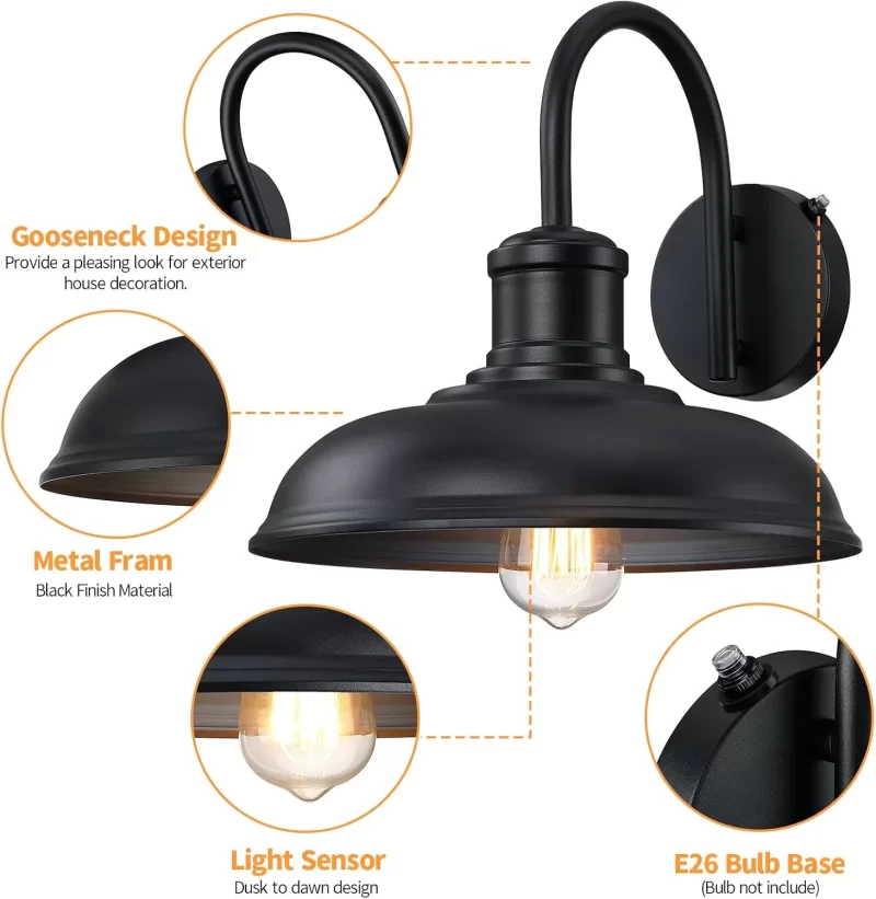 WL403B B12019PP 12'' Dusk to Dawn Outdoor Gooseneck Barn Light, 2-Pack Outdoor Wall Sconce Farmhouse Exterior Light Wall Lighting Fixture Industrial Black Wall Lantern for Porch, Entryway, Garage - Image 7