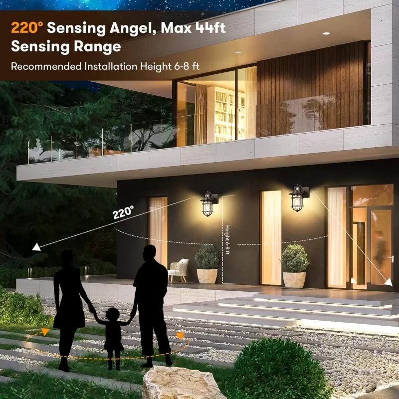 B06046PG Motion Sensor Outdoor Wall Lantern Dusk to Dawn Waterproof Exterior Wall Sconce with Seeded Glass Black Wall Mount Light Fixture for Porch Doorway Garage, E26 Socket, Motion Activated - Image 5