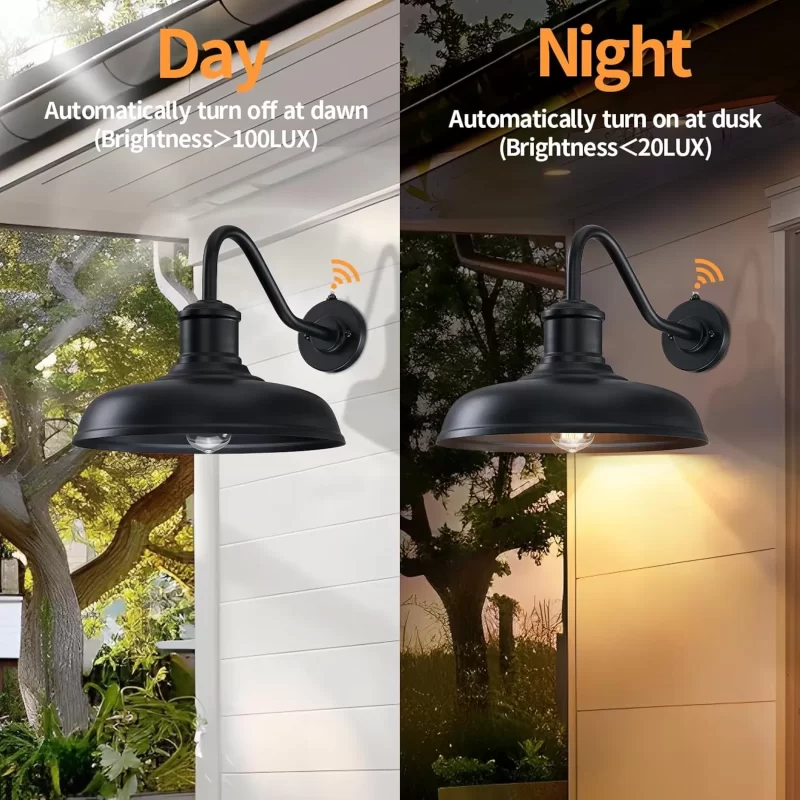 WL404B B13006PP 13.8'' Large Dusk to Dawn Outdoor Gooseneck Barn Light, 2-Pack Outdoor Wall Sconce Farmhouse Exterior Light Wall Lighting Fixture Industrial Black Lantern for Porch, Entryway, Garage - Image 3