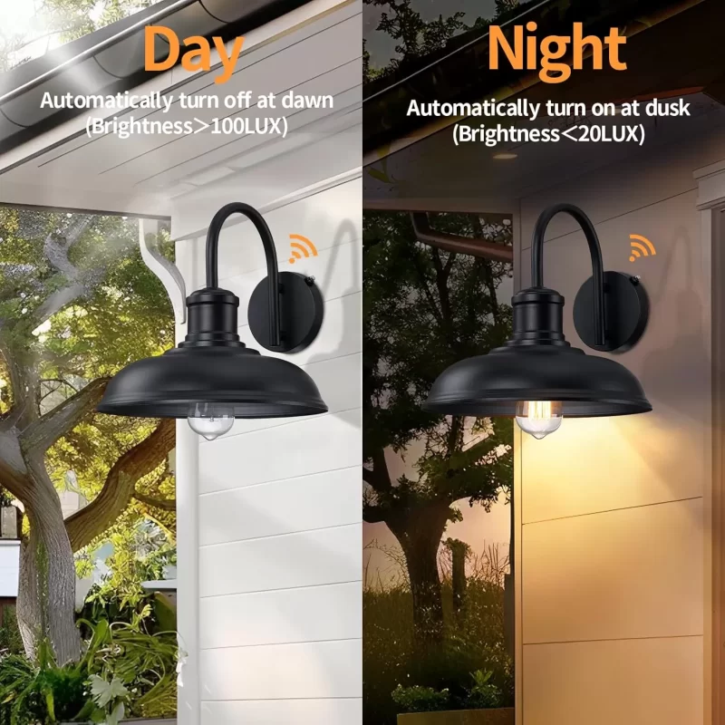 WL403B B12019PP 12'' Dusk to Dawn Outdoor Gooseneck Barn Light, 2-Pack Outdoor Wall Sconce Farmhouse Exterior Light Wall Lighting Fixture Industrial Black Wall Lantern for Porch, Entryway, Garage - Image 5