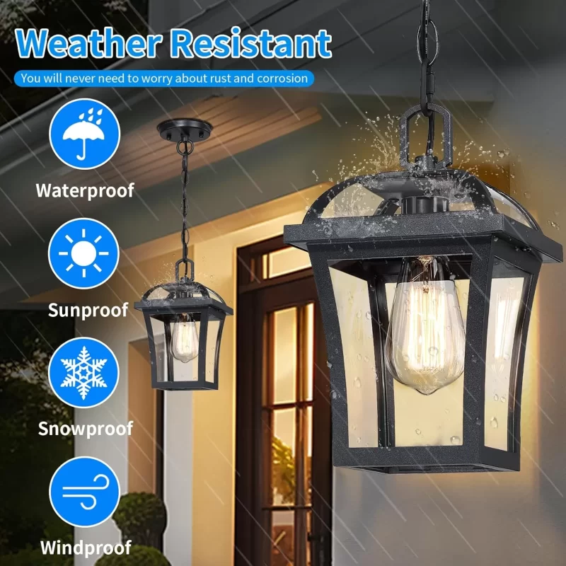 D06100P Outdoor Pendant Lights for Porch, Farmhouse Exterior Hanging Lights Fixture with Adjustable Chain,Modern Black Outdoor Chandelier Lantern with Clear Glass for Front Porch, Yard, Gazebo - Image 4