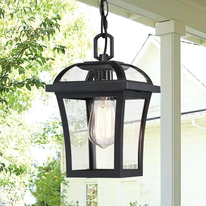 D06100P Outdoor Pendant Lights for Porch, Farmhouse Exterior Hanging Lights Fixture with Adjustable Chain,Modern Black Outdoor Chandelier Lantern with Clear Glass for Front Porch, Yard, Gazebo