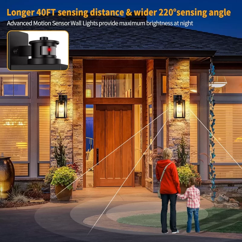 B05023CPG 2-Pack Motion Sensor Outdoor Wall Lantern, Dusk to Dawn Exterior Light Fixtures Wall Mount, White Outside Light for House, Waterproof Outside Lantern Sconces, Anti-Rust Porch Lighting with Clear Glass - Image 4