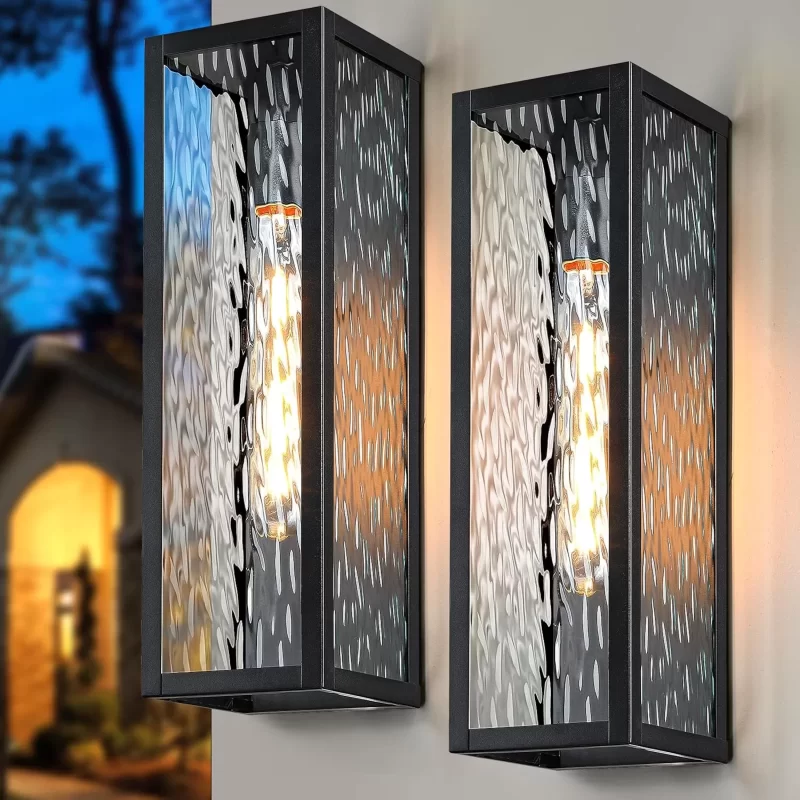 WL105B B04025DP 15.8'' Outdoor Wall Lights Exterior Lighting Fixtures 2 Packs, Modern Black Porch Light for House, Waterproof Outside Lights Wall Sconce Lanterns with Water Ripple Glass for Front Door, Patio, Garage