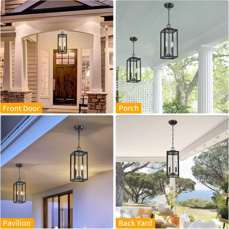 CL203A D06112PP Large Outdoor Pendant Light 2-Light, 15'' Dusk to Dawn Modern Black Metal Outside Chandelier Exterior Hanging Fixture Ceiling Mount with Clear Glass for Front Porch Entrance Foyer Entryway - Image 3
