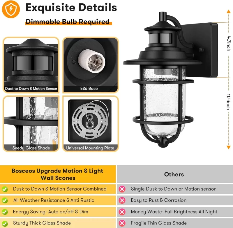 B06046PG Motion Sensor Outdoor Wall Lantern Dusk to Dawn Waterproof Exterior Wall Sconce with Seeded Glass Black Wall Mount Light Fixture for Porch Doorway Garage, E26 Socket, Motion Activated - Image 2