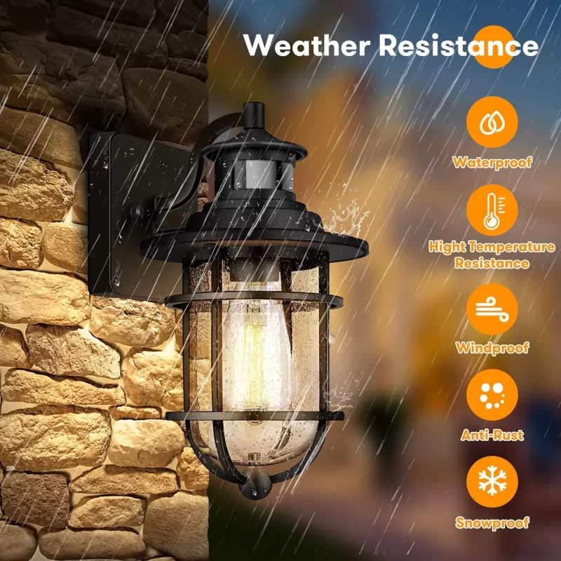 B06046PG Motion Sensor Outdoor Wall Lantern Dusk to Dawn Waterproof Exterior Wall Sconce with Seeded Glass Black Wall Mount Light Fixture for Porch Doorway Garage, E26 Socket, Motion Activated - Image 3
