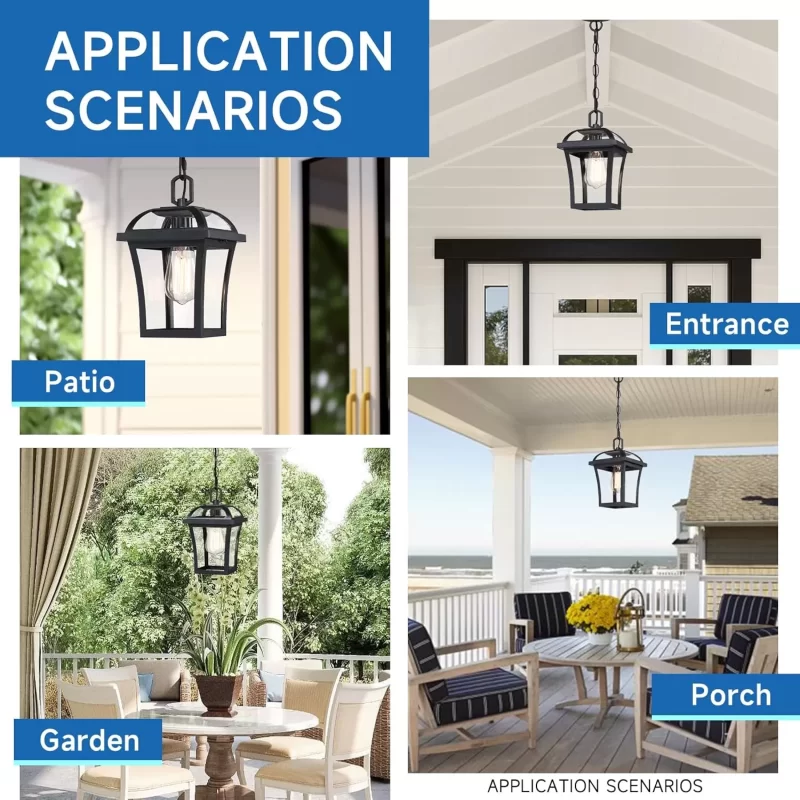 D06100P Outdoor Pendant Lights for Porch, Farmhouse Exterior Hanging Lights Fixture with Adjustable Chain,Modern Black Outdoor Chandelier Lantern with Clear Glass for Front Porch, Yard, Gazebo - Image 7