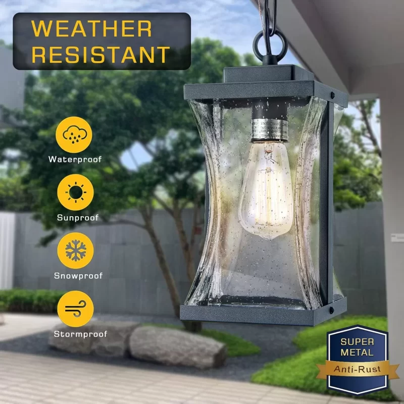 D05042P Outdoor Pendant Lights Fixture for Porch, Farmhouse Exterior Hanging Lantern with Adjustable Chain and Air Bubble Glass for Foyer Doorway Front Door Patio Entryway - Image 3
