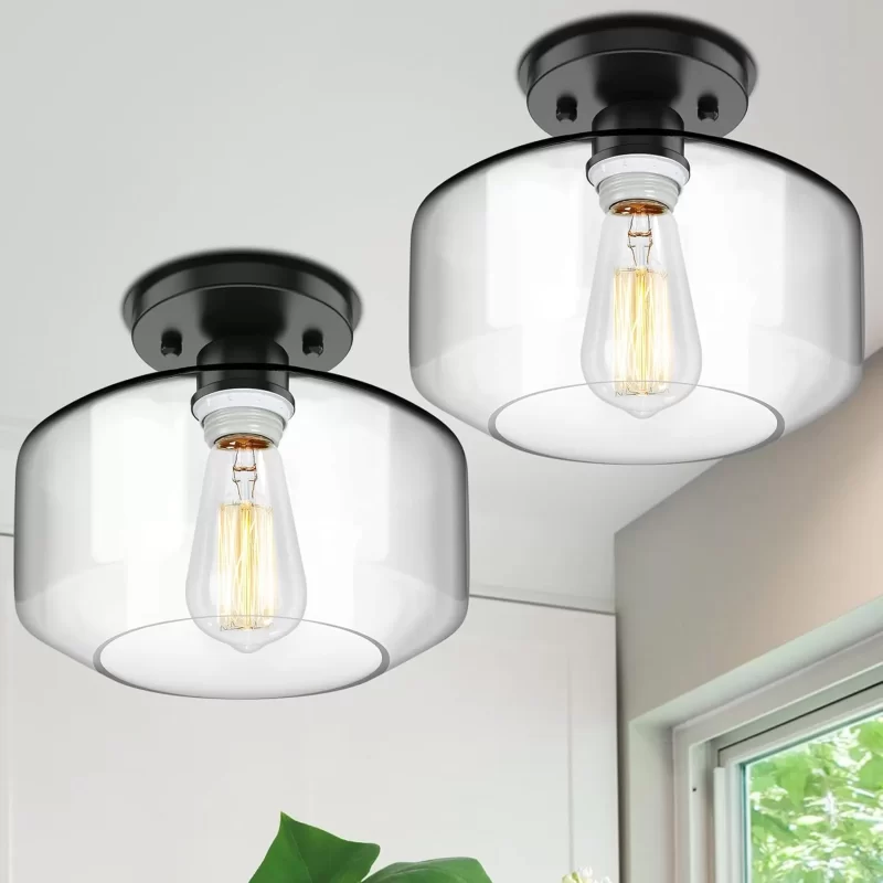 X07042P Semi Flush Mount Ceiling Light 2 Pack, Industrial Ceiling Light Fixture with Clear Glass Pendant Lamp Shade, Farmhouse Hallway Light Fixtures for Porch Kitchen Bedroom, E26 Bulbs Excluded