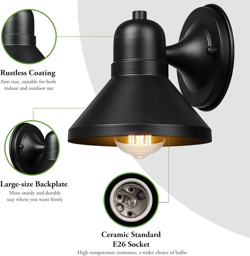 B06048BP Outdoor Lanterns, 2-Pack Exterior Light Fixtures, Waterproof Anti-Rust Black Wall Mount Lights, Small E26 Socket Outside Lights for House, Front Porch, Playhouse, Garage - Image 5