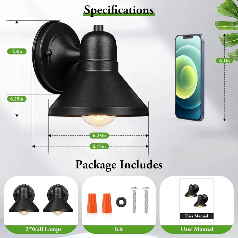 B06048BP Outdoor Lanterns, 2-Pack Exterior Light Fixtures, Waterproof Anti-Rust Black Wall Mount Lights, Small E26 Socket Outside Lights for House, Front Porch, Playhouse, Garage - Image 2
