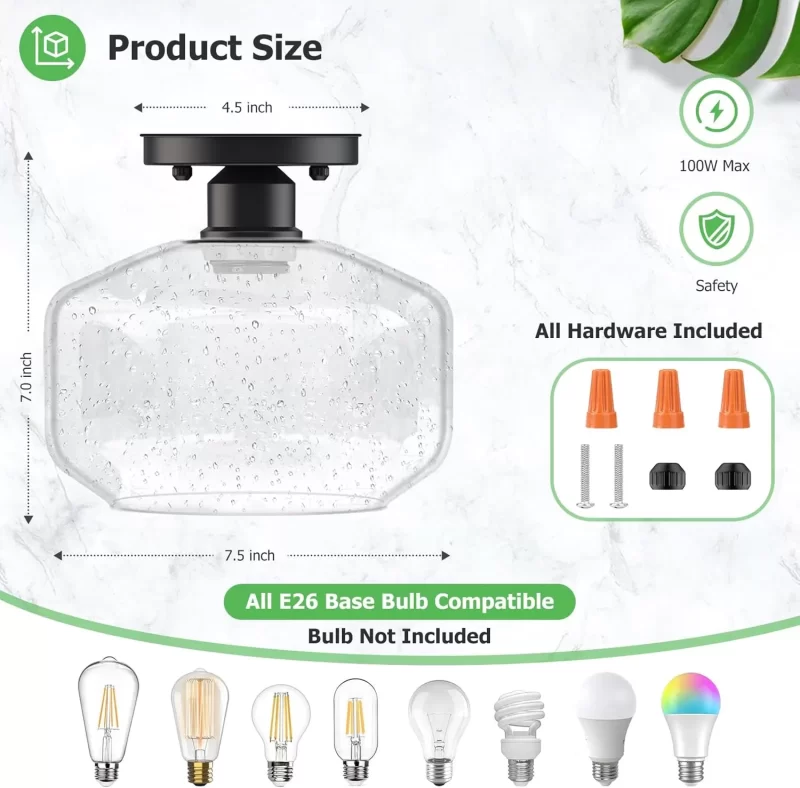 X07042BP 2-Pack Industrial Semi Flush Mount Ceiling Light, Black Light Fixture Ceiling Mount with Seeded Glass Shade, Farmhouse Hallway Light Fixtures Ceiling for Living Room, Bedroom, No E26 Bulbs - Image 4