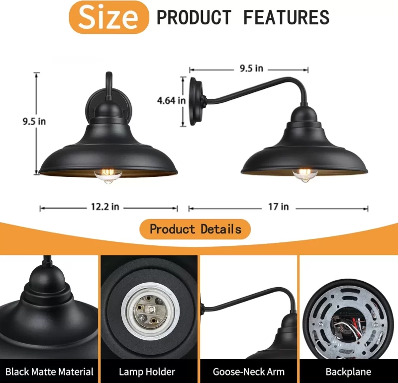 B12001P Wall Lights Wall Mount for House Farmhouse Wall Sconce Black Outside Lantern Classic Barn Lights Outdoor & Indoor, 12"，2 Pack - Image 2