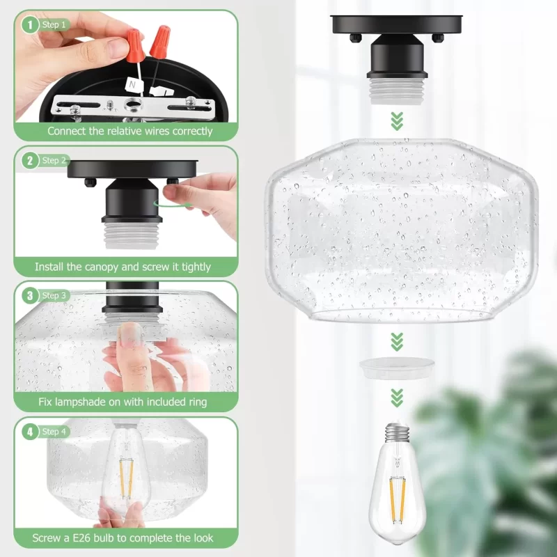 X07042BP 2-Pack Industrial Semi Flush Mount Ceiling Light, Black Light Fixture Ceiling Mount with Seeded Glass Shade, Farmhouse Hallway Light Fixtures Ceiling for Living Room, Bedroom, No E26 Bulbs - Image 5