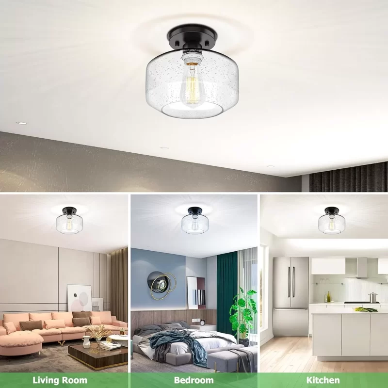 X07042BP 2-Pack Industrial Semi Flush Mount Ceiling Light, Black Light Fixture Ceiling Mount with Seeded Glass Shade, Farmhouse Hallway Light Fixtures Ceiling for Living Room, Bedroom, No E26 Bulbs - Image 7