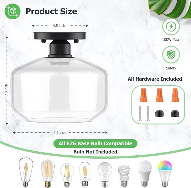 X07042P Semi Flush Mount Ceiling Light 2 Pack, Industrial Ceiling Light Fixture with Clear Glass Pendant Lamp Shade, Farmhouse Hallway Light Fixtures for Porch Kitchen Bedroom, E26 Bulbs Excluded - Image 3