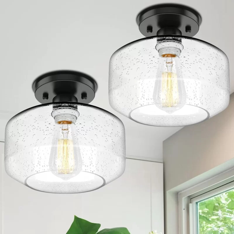 X07042BP 2-Pack Industrial Semi Flush Mount Ceiling Light, Black Light Fixture Ceiling Mount with Seeded Glass Shade, Farmhouse Hallway Light Fixtures Ceiling for Living Room, Bedroom, No E26 Bulbs