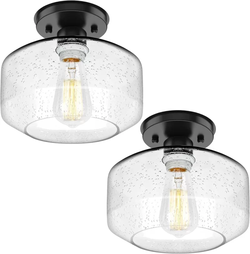 X07042BP 2-Pack Industrial Semi Flush Mount Ceiling Light, Black Light Fixture Ceiling Mount with Seeded Glass Shade, Farmhouse Hallway Light Fixtures Ceiling for Living Room, Bedroom, No E26 Bulbs - Image 6