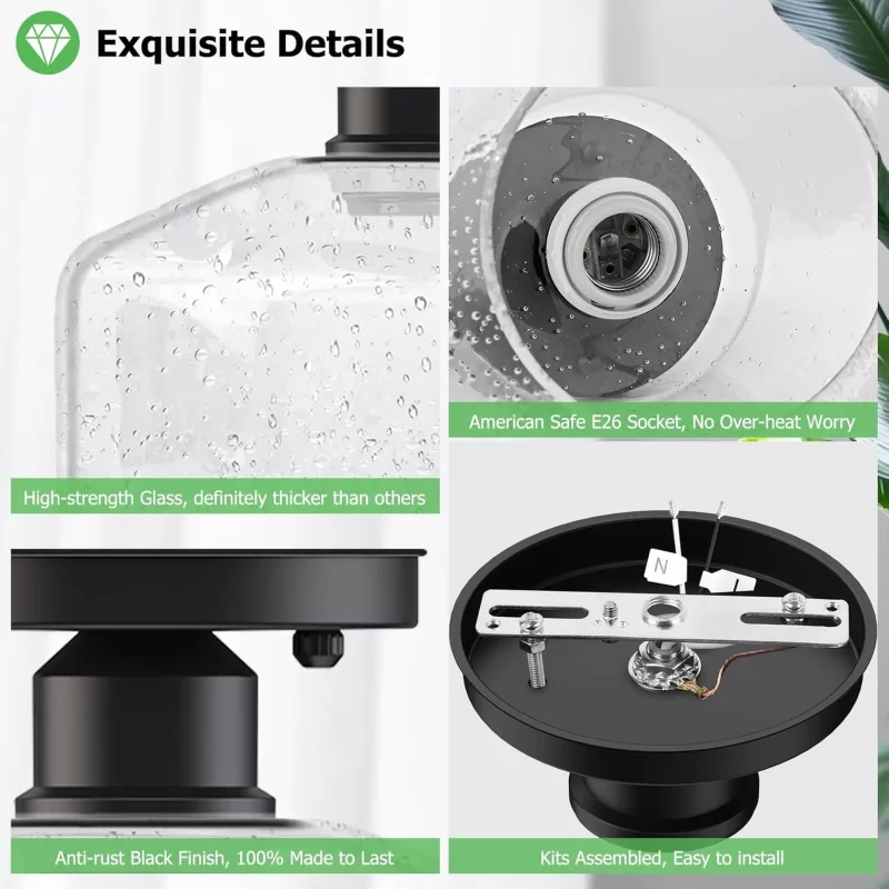 X07042BP 2-Pack Industrial Semi Flush Mount Ceiling Light, Black Light Fixture Ceiling Mount with Seeded Glass Shade, Farmhouse Hallway Light Fixtures Ceiling for Living Room, Bedroom, No E26 Bulbs - Image 3