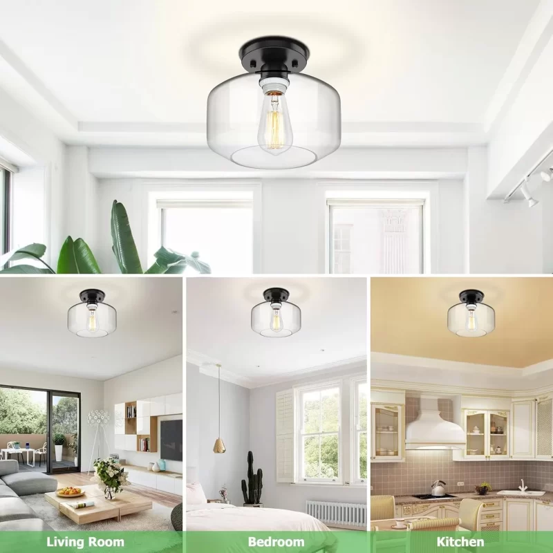X07042P Semi Flush Mount Ceiling Light 2 Pack, Industrial Ceiling Light Fixture with Clear Glass Pendant Lamp Shade, Farmhouse Hallway Light Fixtures for Porch Kitchen Bedroom, E26 Bulbs Excluded - Image 5