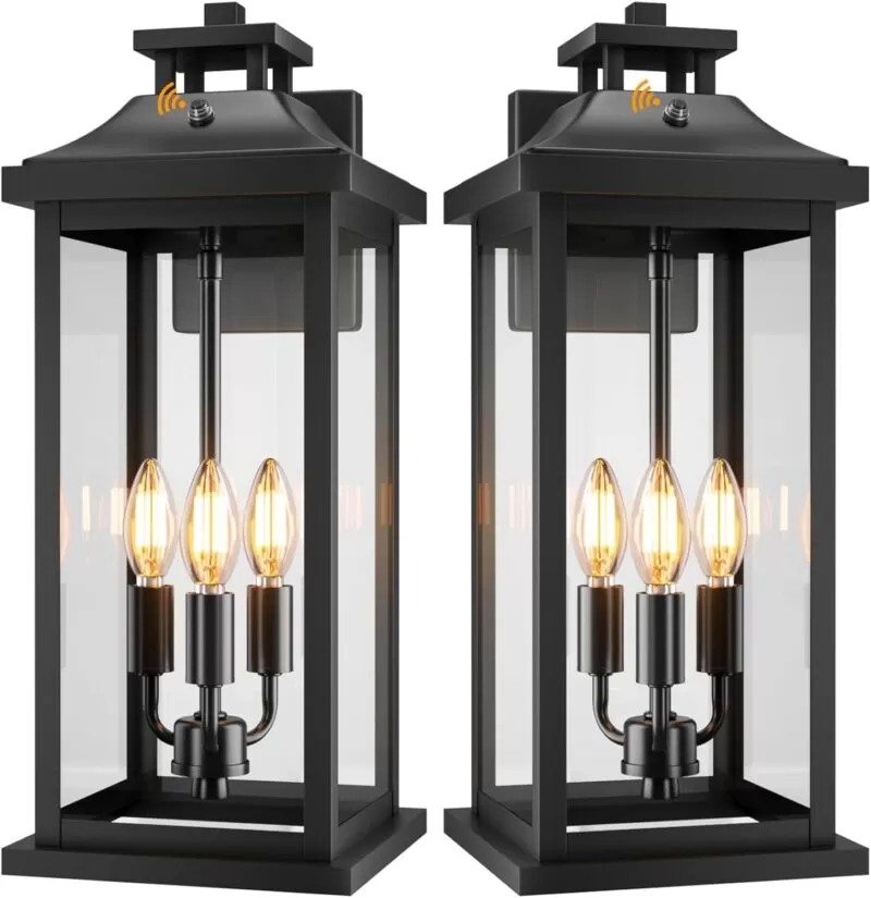 B08042PP 20" Large Dusk to Dawn Outdoor Lights 3-Light, 2 Pack Black Modern Exterior Lighting Fixtures Photocell Sensor Outside Porch Lights Wall Mount, Waterproof Patio Exterior Sconce Lamps E12