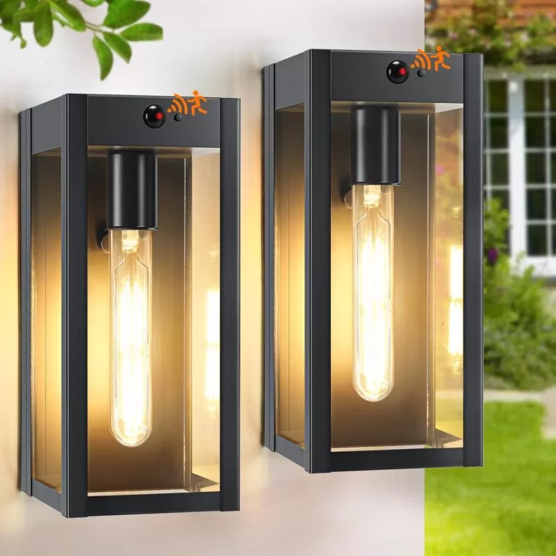 WL602B-BK B04025PG(2PK) 10.6" Small Motion Sensor Black Outdoor Wall Lights 2Pack, Dusk to Dawn Porch Lights Outdoor Wall Sconce with 3 Lighting Modes, Exterior Lighting Fixture Lanterns for House Garage