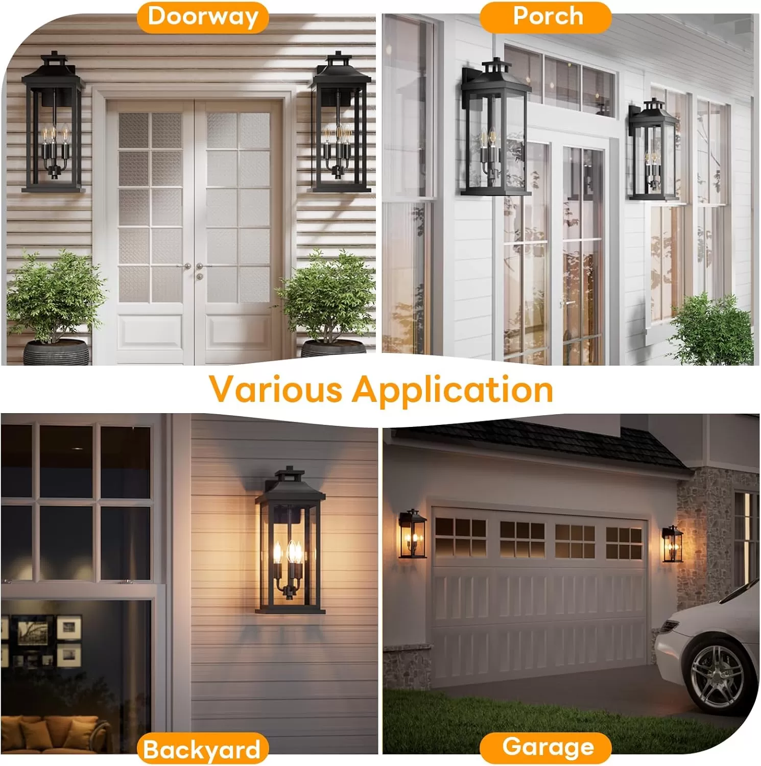 B08042P 20" Large Dusk to Dawn Outdoor Lights 3-Light, 2 Pack Black Modern Exterior Lighting Fixtures Photocell Sensor Outside Porch Lights Wall Mount, Waterproof Patio Exterior Sconce Lamps E12 - Image 3