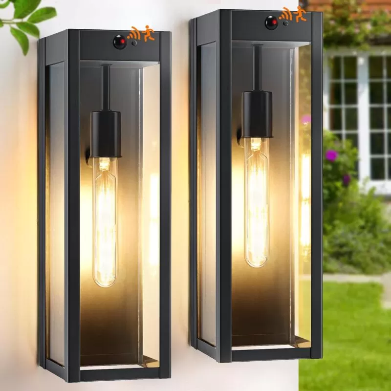 WL604B-BK B04025CPG(2PK) 15.3" Large Motion Sensor Outdoor Wall Lights 2Pack, Dusk to Dawn Porch Lights Outdoor Wall Sconces,3 Lighting Modes Black Exterior Lighting Fixtures, Outside Lanterns for House Garage