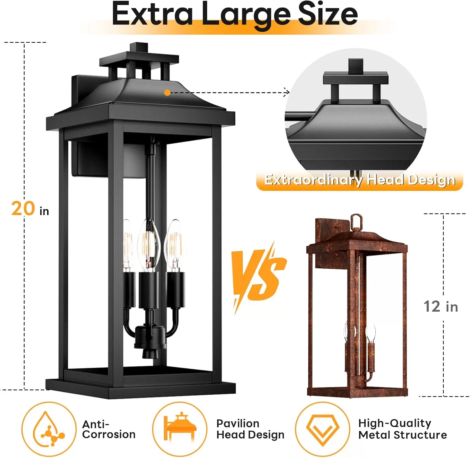 B08042P 20" Large Dusk to Dawn Outdoor Lights 3-Light, 2 Pack Black Modern Exterior Lighting Fixtures Photocell Sensor Outside Porch Lights Wall Mount, Waterproof Patio Exterior Sconce Lamps E12 - Image 4