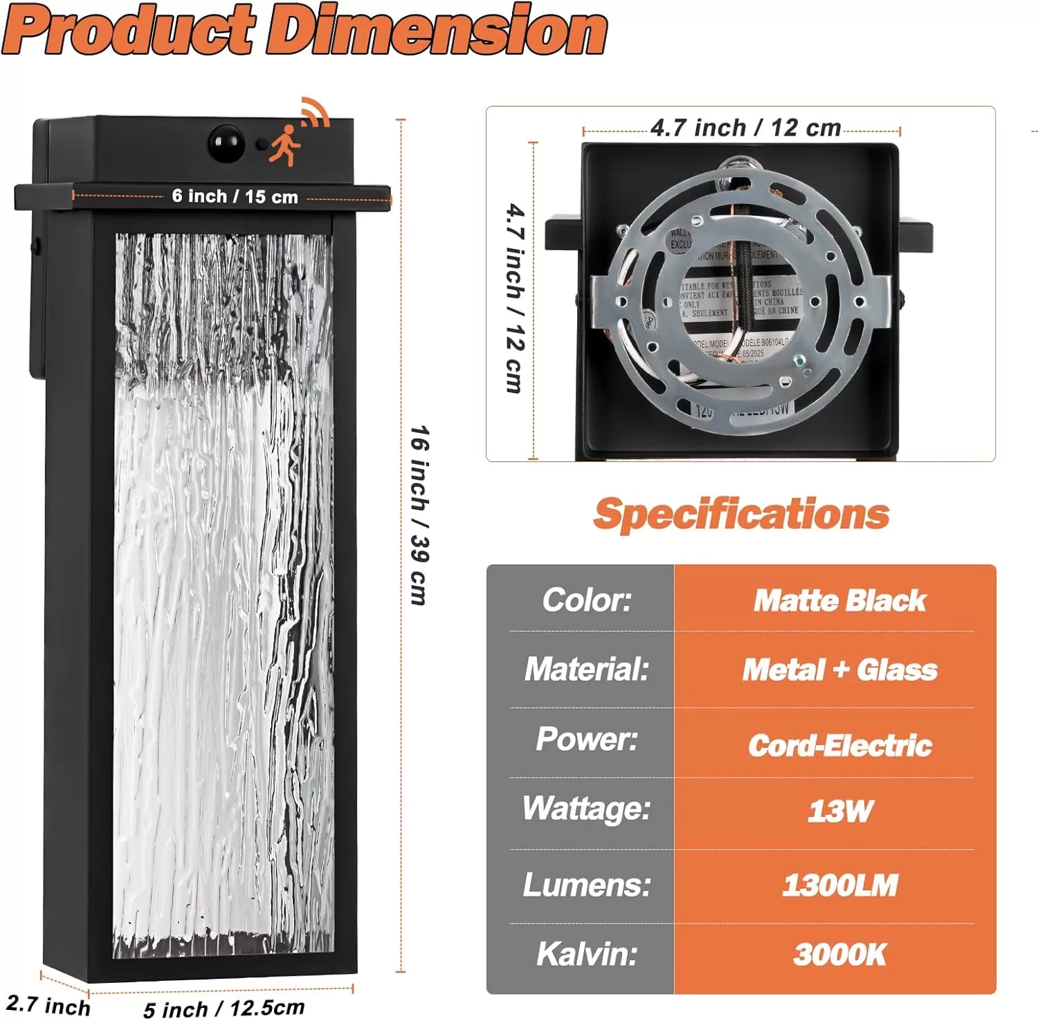 B06104LG Upgraded Dusk to Dawn LED Outside Lights, 2 Pack 16” Oil Rubbed Bronze Motion Sensor LED Outdoor Lanterns, Waterproof Brown Rustic Exterior Sconce Lamps Porch Lanterns with Rippled Glass - Image 3